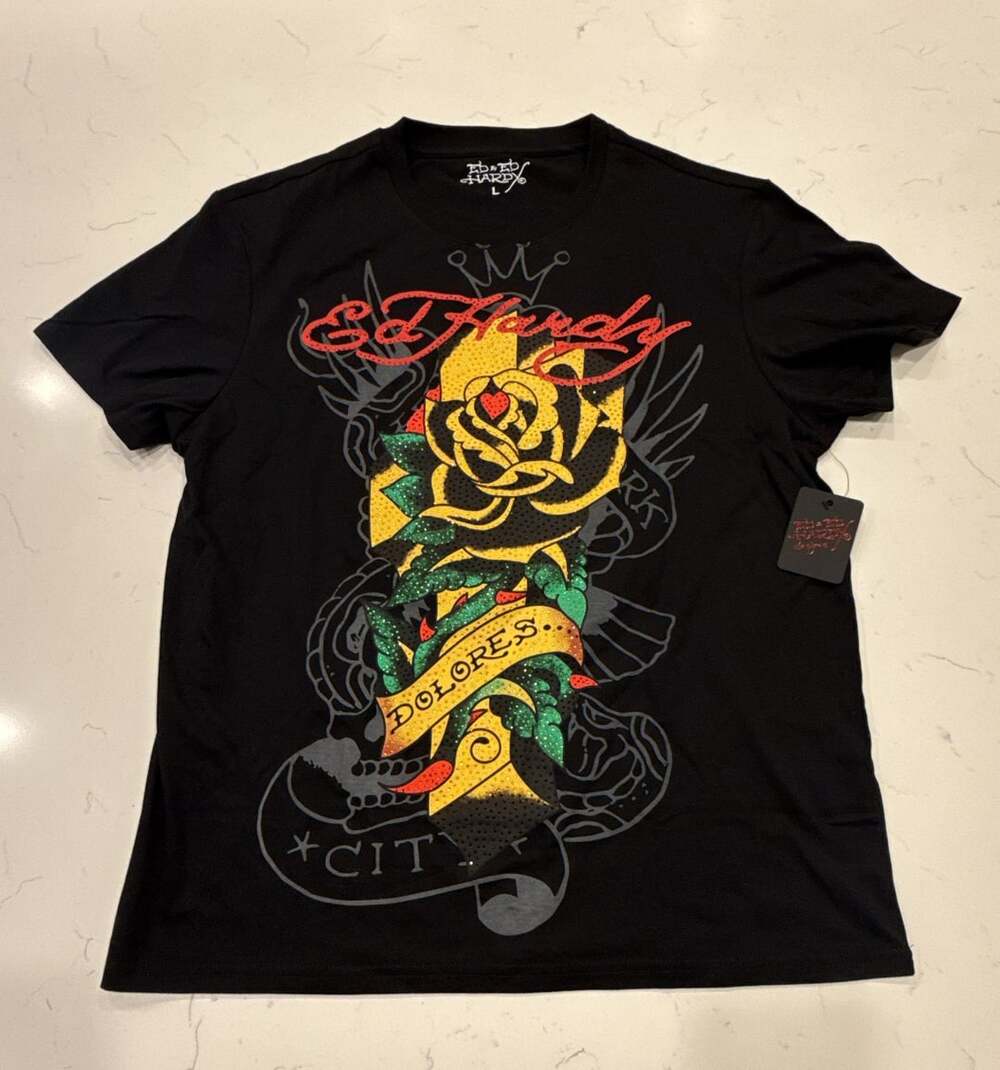 Ed Hardy Rose Rhinestone T-Shirt Size L Black
